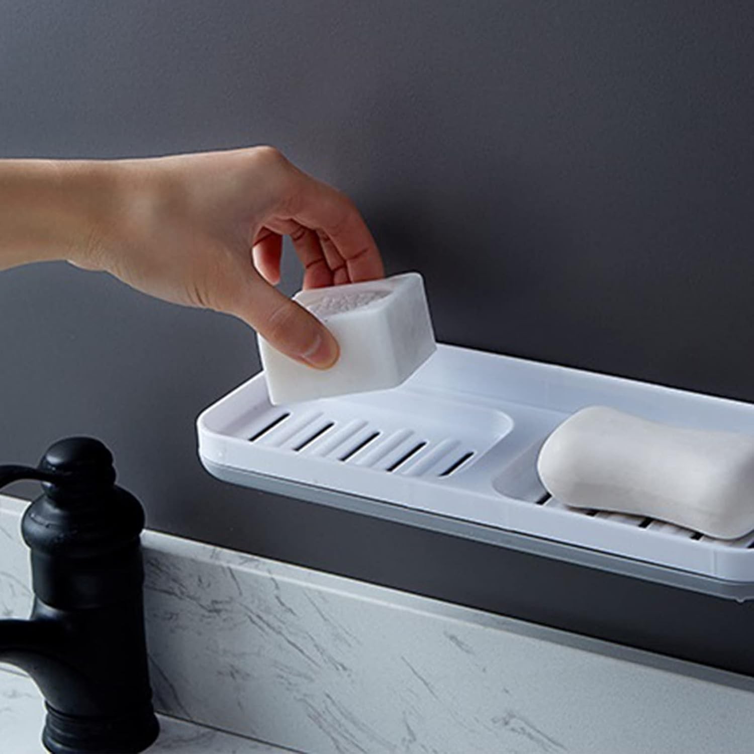 Savoniera Dubla, de Perete, cu Compartiment de Scurgere, Montare prin Lipire, 26 x 8 x 4 cm, Alb/Gri [4]