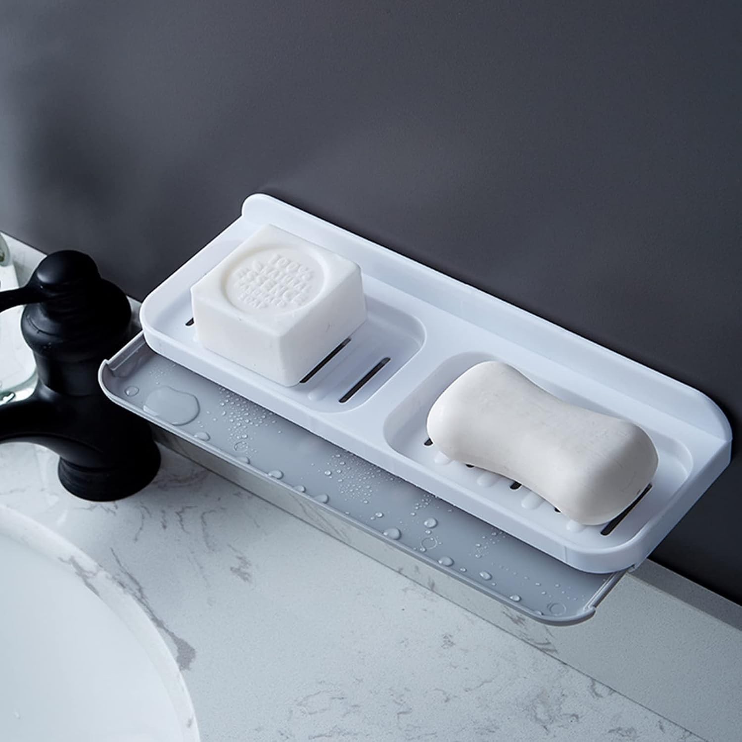 Savoniera Dubla, de Perete, cu Compartiment de Scurgere, Montare prin Lipire, 26 x 8 x 4 cm, Alb/Gri [6]