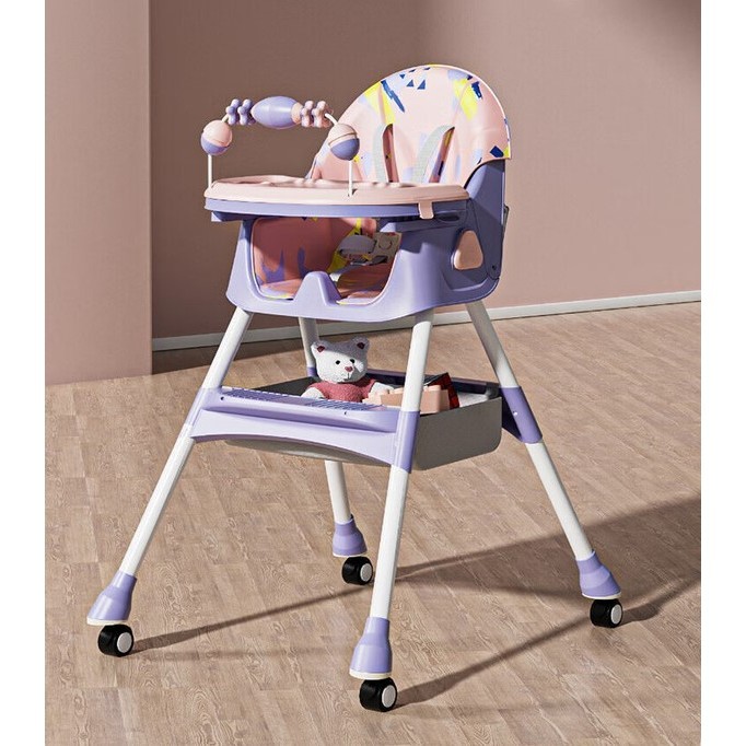 Scaun de Masa pe Roti pentru Copii, 2 Tavite si Husa Detasabile, Multifunc?ional, Stabil, Centura de Siguranta, Spatar Reglabil Moale, Balansoar, Cos de Depozitare, de la 6 Luni, Mov [6]