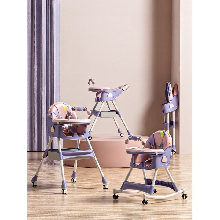 Scaun de Masa pe Roti pentru Copii, 2 Tavite si Husa Detasabile, Multifunc?ional, Stabil, Centura de Siguranta, Spatar Reglabil Moale, Balansoar, Cos de Depozitare, de la 6 Luni, Mov [3]