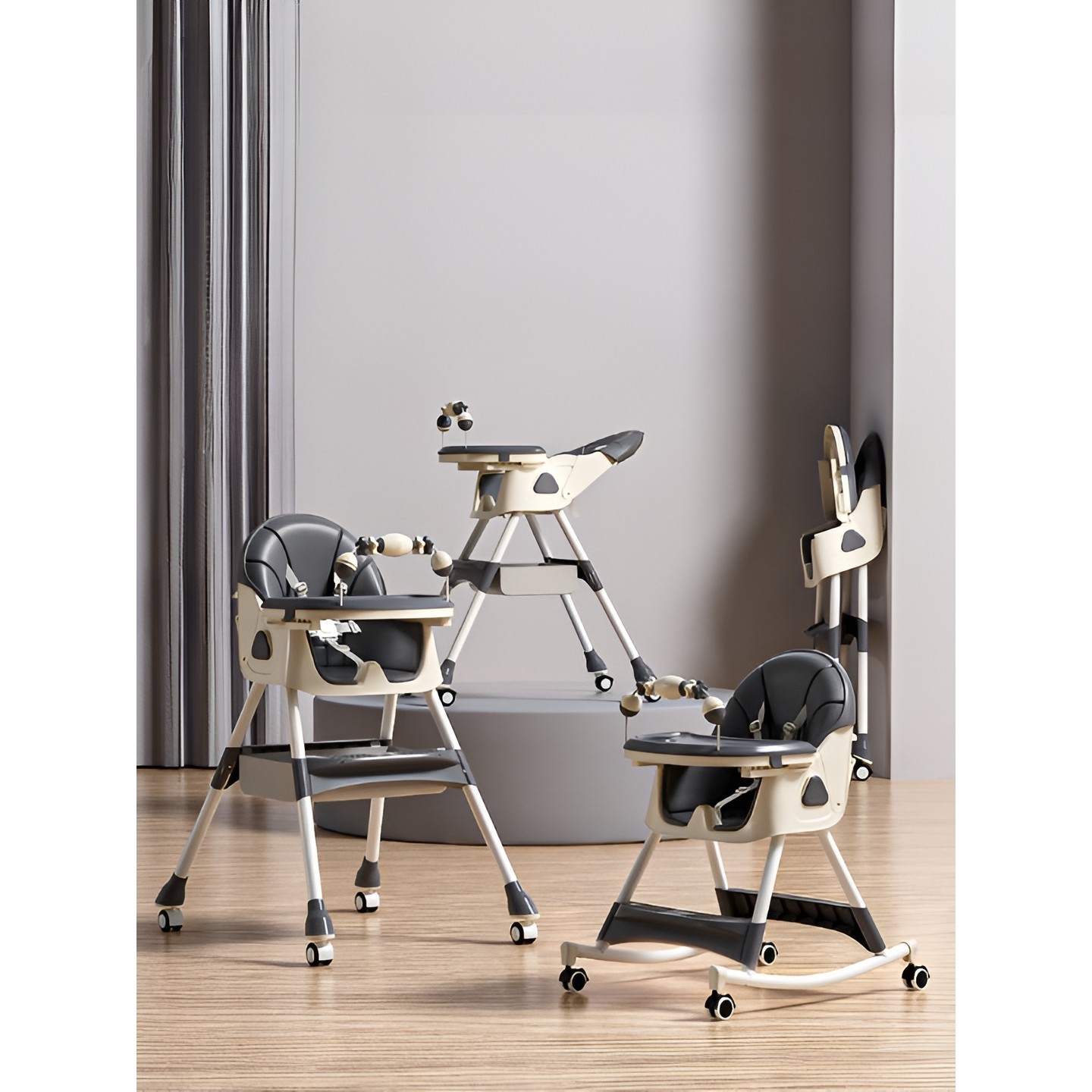 Scaun de Masa pe Roti pentru Copii, 2 Tavite si Husa Detasabile, Multifunc?ional, Stabil, Centura de Siguranta, Spatar Reglabil Moale, Balansoar, Cos de Depozitare, de la 6 Luni, Gri [3]