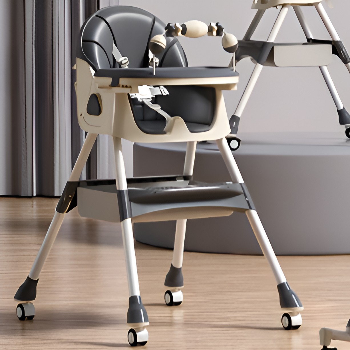 Scaun de Masa pe Roti pentru Copii, 2 Tavite si Husa Detasabile, Multifunc?ional, Stabil, Centura de Siguranta, Spatar Reglabil Moale, Balansoar, Cos de Depozitare, de la 6 Luni, Gri [1]