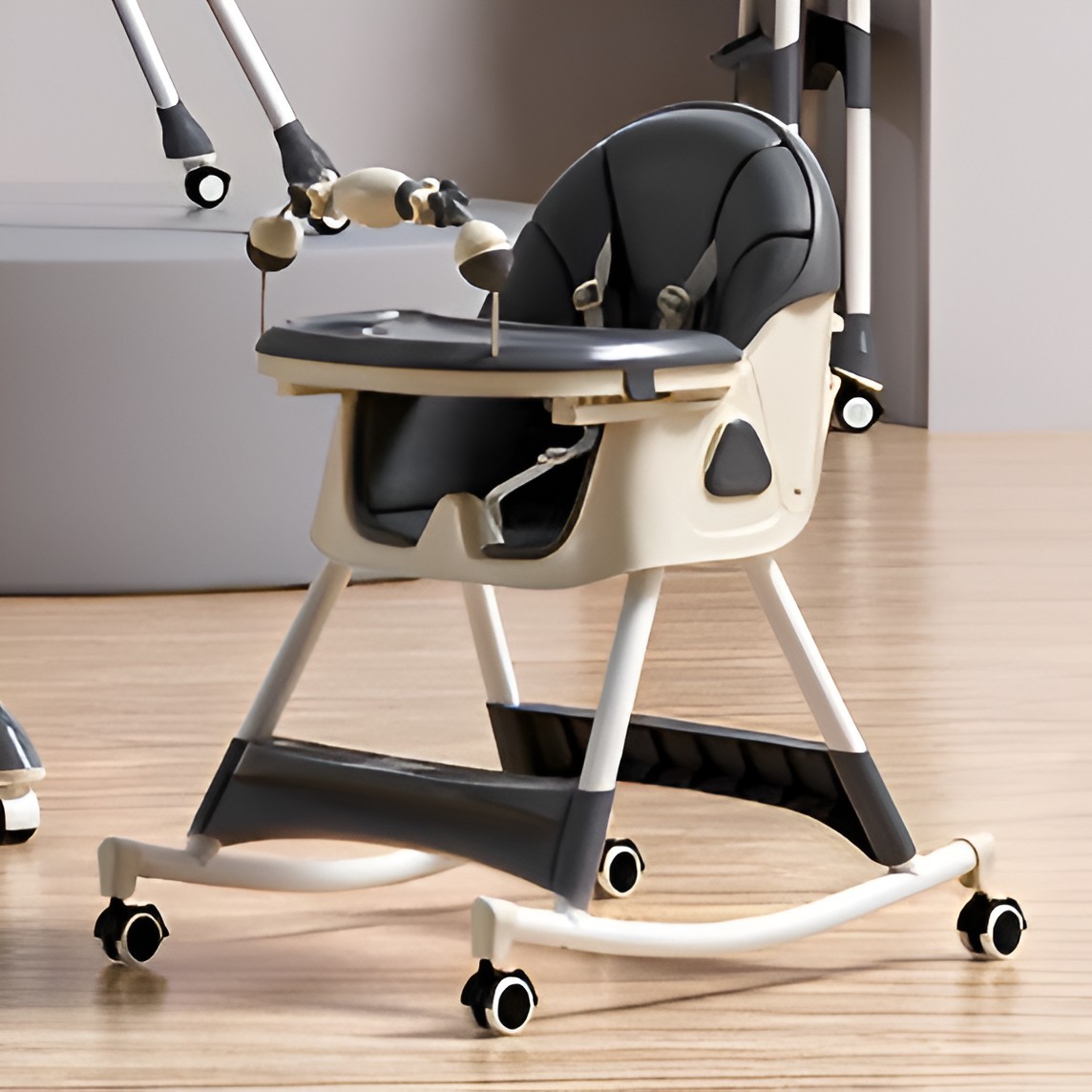 Scaun de Masa pe Roti pentru Copii, 2 Tavite si Husa Detasabile, Multifunc?ional, Stabil, Centura de Siguranta, Spatar Reglabil Moale, Balansoar, Cos de Depozitare, de la 6 Luni, Gri [2]