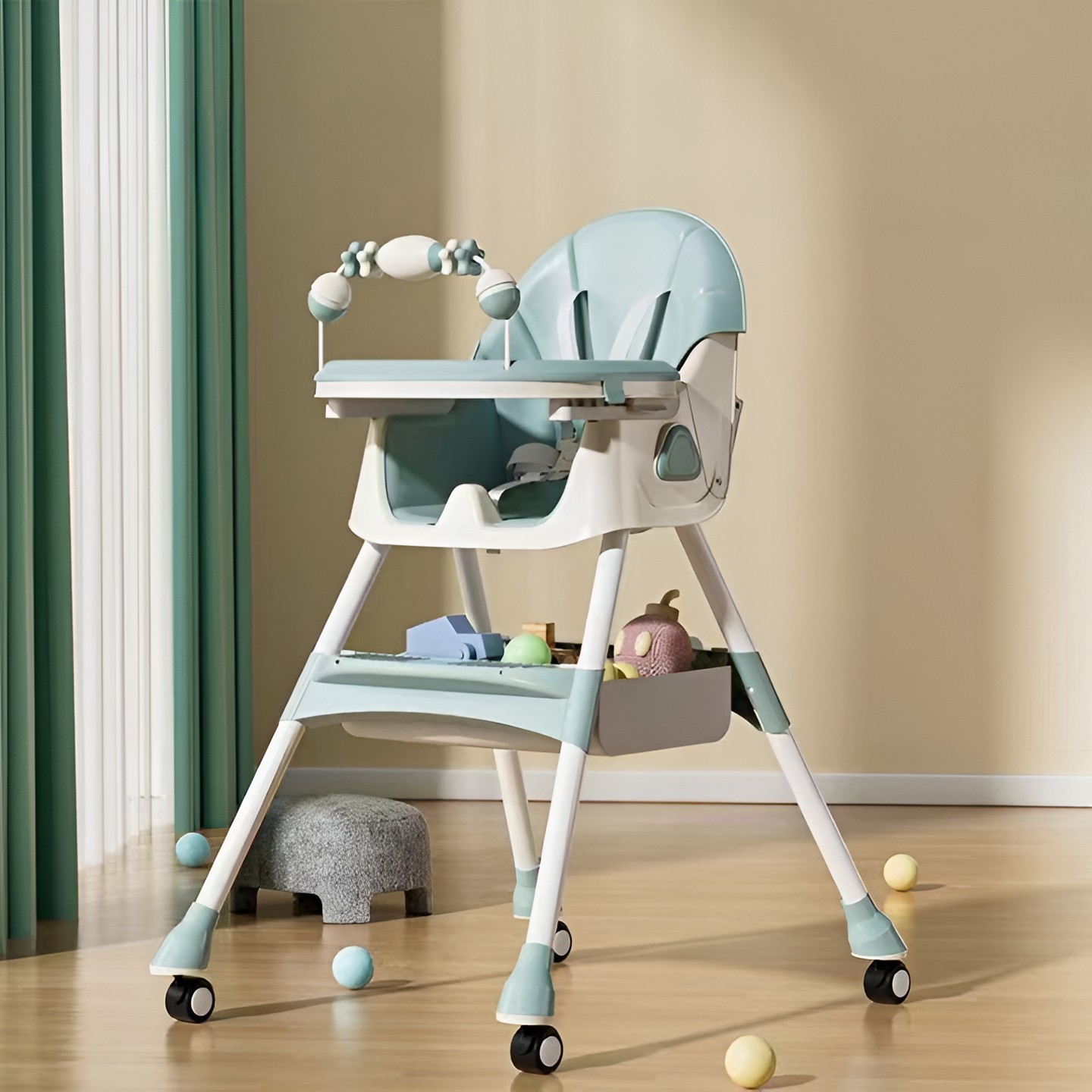Scaun de Masa pe Roti pentru Copii, 2 Tavite si Husa Detasabile, Multifunc?ional, Stabil, Centura de Siguranta, Spatar Reglabil Moale, Balansoar, Cos de Depozitare, de la 6 Luni, Verde [2]