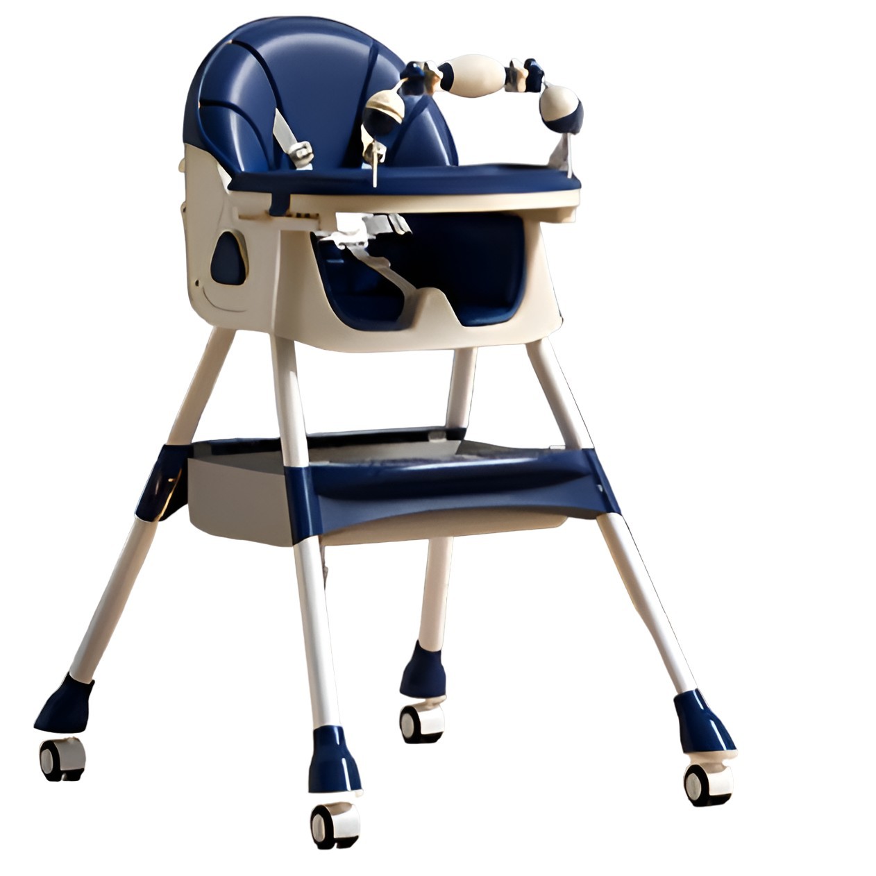 Scaune de masa bebe - Scaun de Masa pe Roti pentru Copii, 2 Tavite si Husa Detasabile, Multifunc?ional, Stabil, Centura de Siguranta, Spatar Reglabil Moale, Balansoar, Cos de Depozitare, de la 6 Luni, Albastru