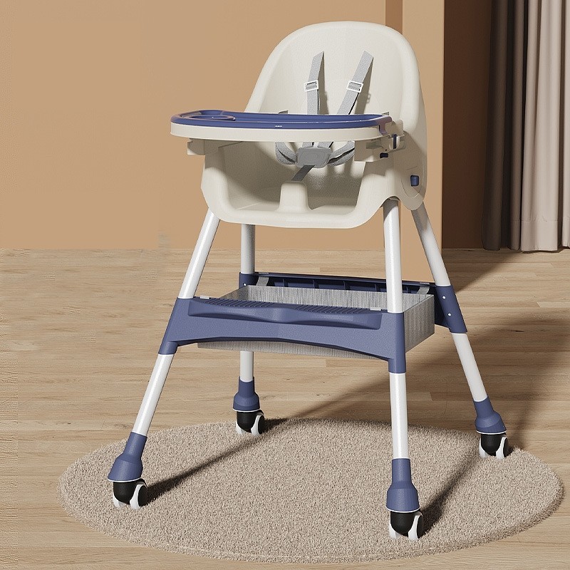 Scaun de Masa pentru Bebelusi si Copii, cu Roti, Telescopic, Pliabil, Masuta Reglabila, Suport Picioare, Scaun cu Invelis Piele Artificiala, Centura Siguranta, Spatiu Depozitare, 97x73x65 cm, Albastru [2]