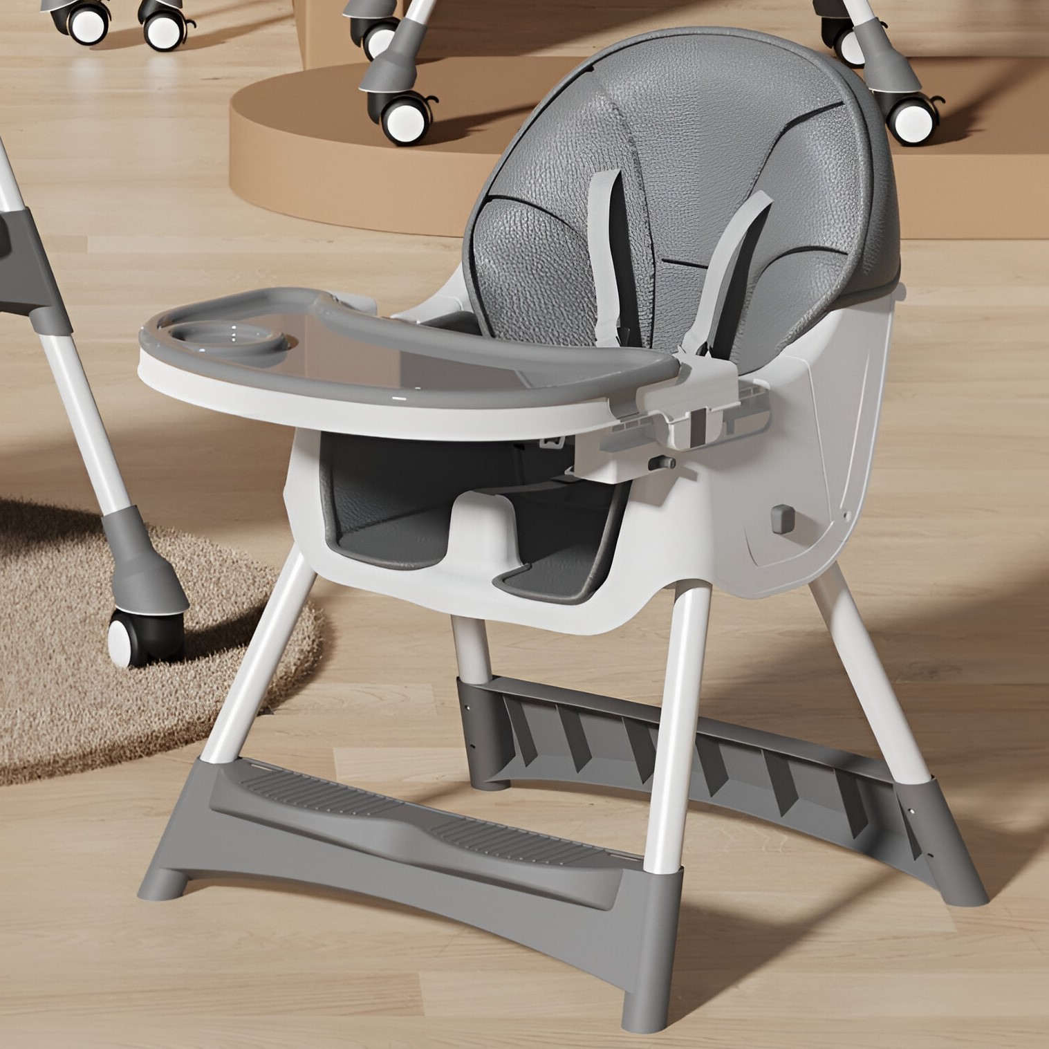 Scaun de Masa pentru Bebelusi si Copii, cu Roti, Telescopic, Pliabil, Masuta Reglabila, Suport Picioare, Scaun cu Invelis Piele Artificiala, Centura Siguranta, Spatiu Depozitare, 97x73x65 cm, Gri [3]