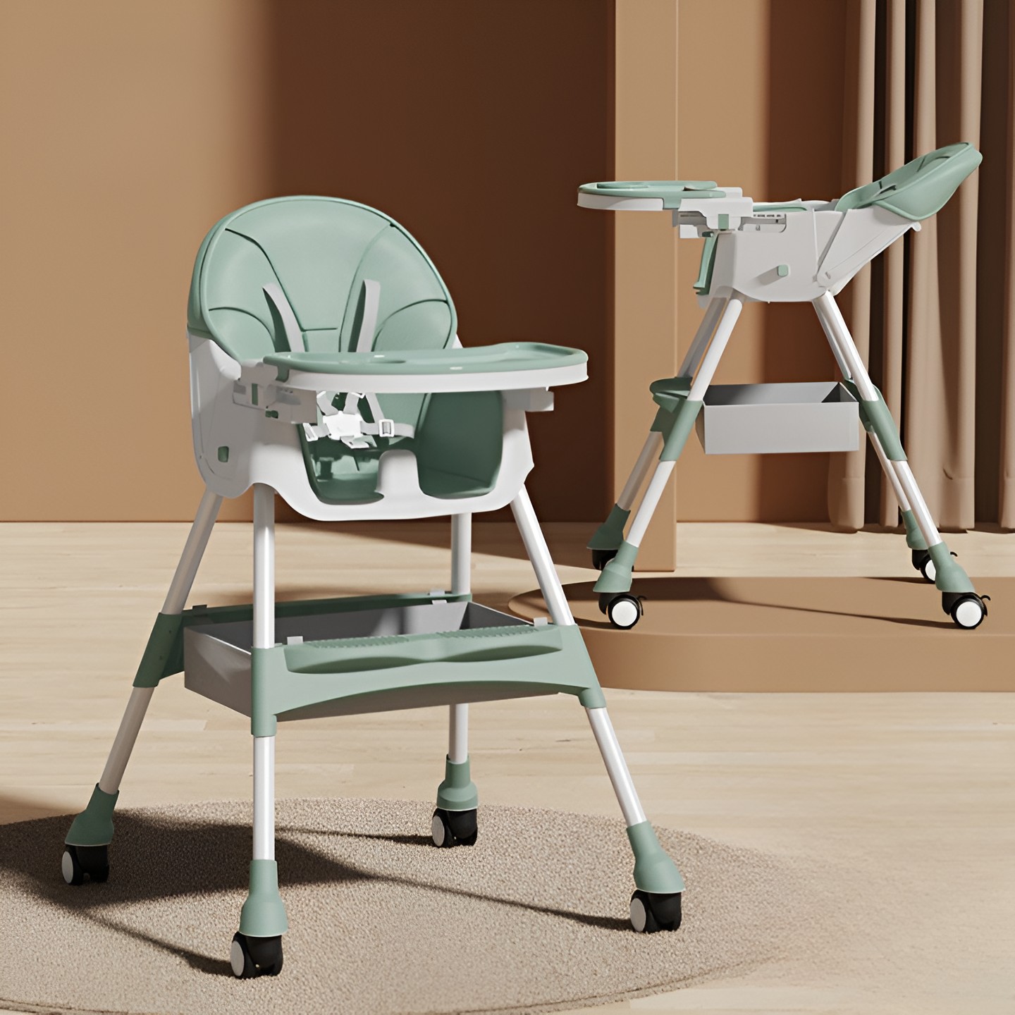 Scaun de Masa pentru Bebelusi si Copii, cu Roti, Telescopic, Pliabil, Masuta Reglabila, Suport Picioare, Scaun cu Invelis Piele Artificiala, Centura Siguranta, Spatiu Depozitare, 97x73x65 cm, Verde [2]