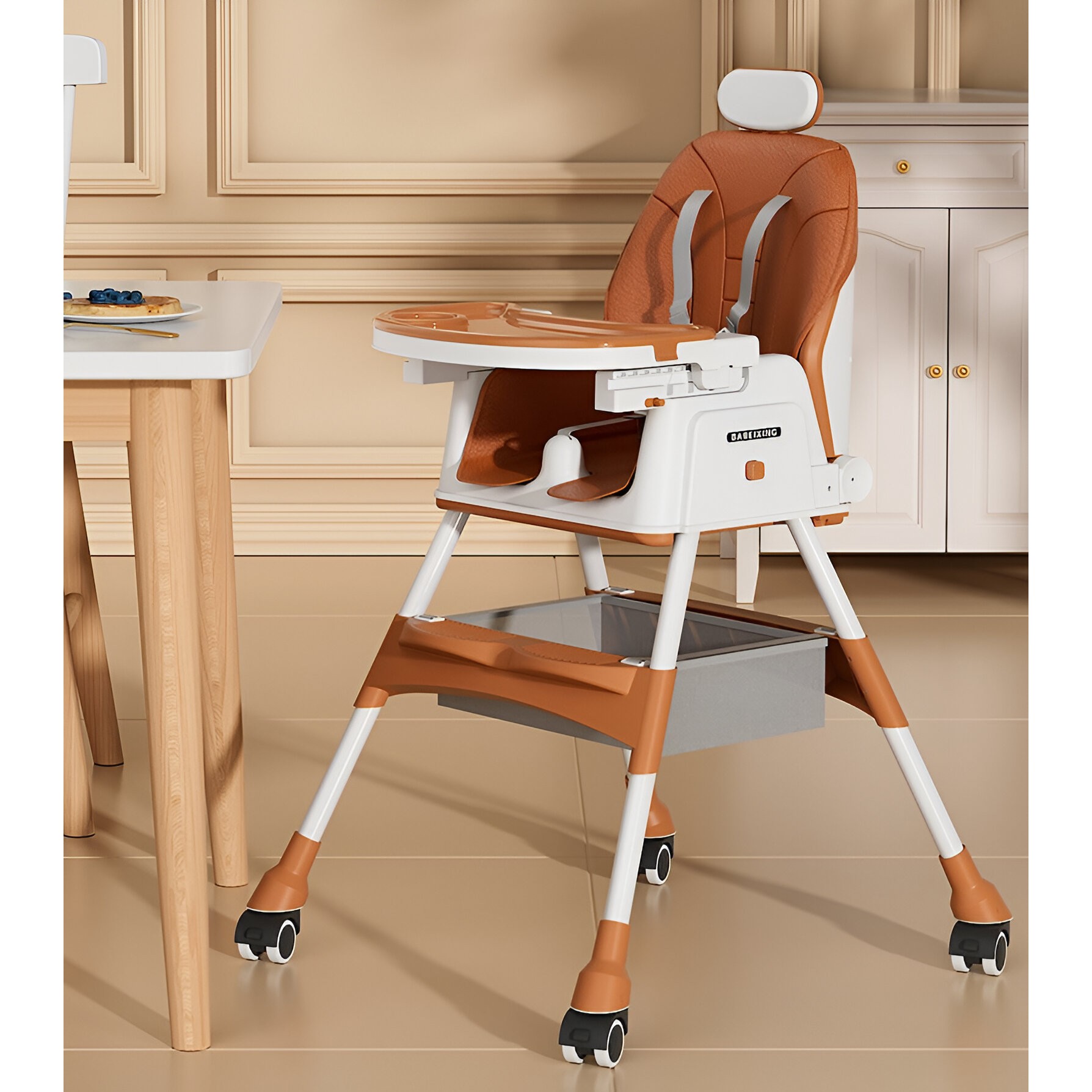 Scaun de Masa pentru Bebelusi si Copii cu Roti, cu Tetiera, Telescopic, Pliabil, Masuta Reglabila, Suport Picioare, Scaun cu Invelis Piele Artificiala, Centura Siguranta, Spatiu Depozitare, 97 x 73 x 65 cm, Maro [1]