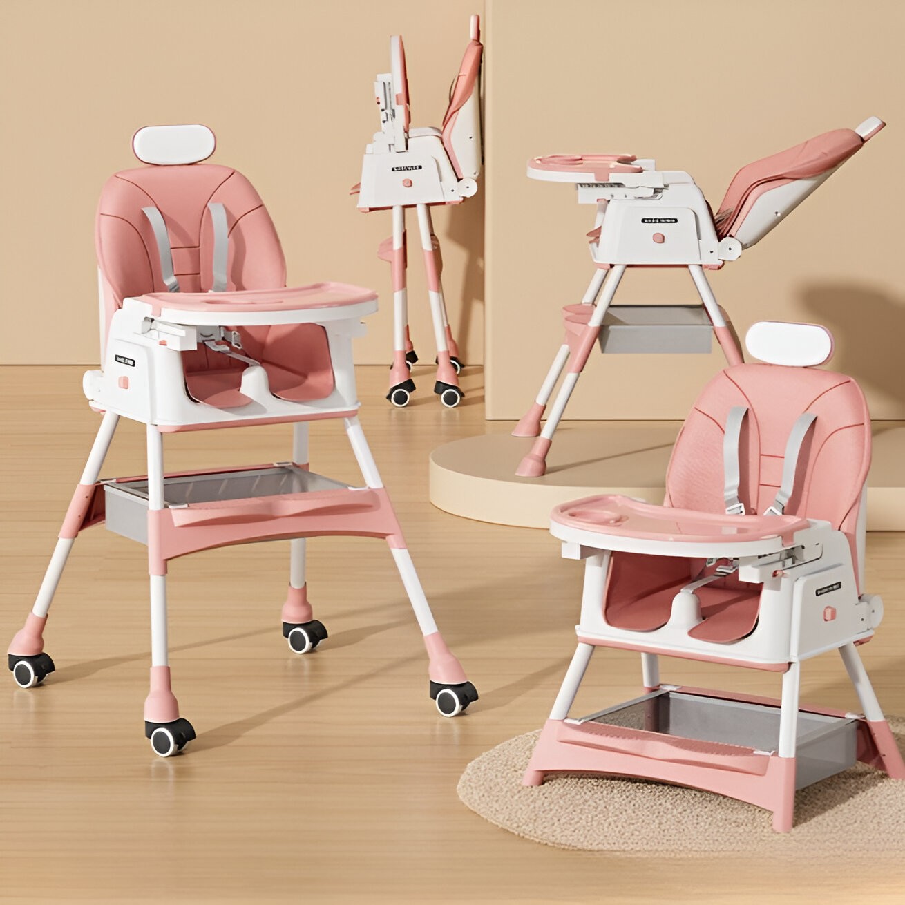 Scaun de Masa pentru Bebelusi si Copii cu Roti, cu Tetiera, Telescopic, Pliabil, Masuta Reglabila, Suport Picioare, Scaun cu Invelis Piele Artificiala, Centura Siguranta, Spatiu Depozitare, 97 x 73 x 65 cm, Roz [5]
