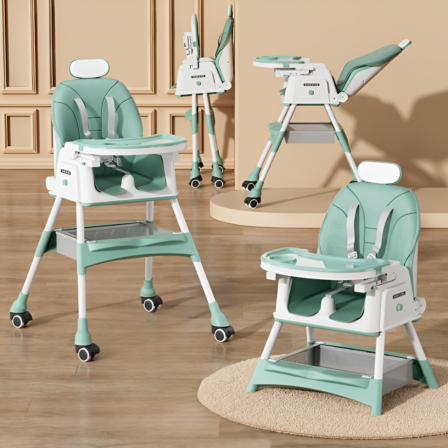 Scaun de Masa pentru Bebelusi si Copii cu Roti, cu Tetiera, Telescopic, Pliabil, Masuta Reglabila, Suport Picioare, Scaun cu Invelis Piele Artificiala, Centura Siguranta, Spatiu Depozitare, 97 x 73 x 65 cm, Albastru [1]