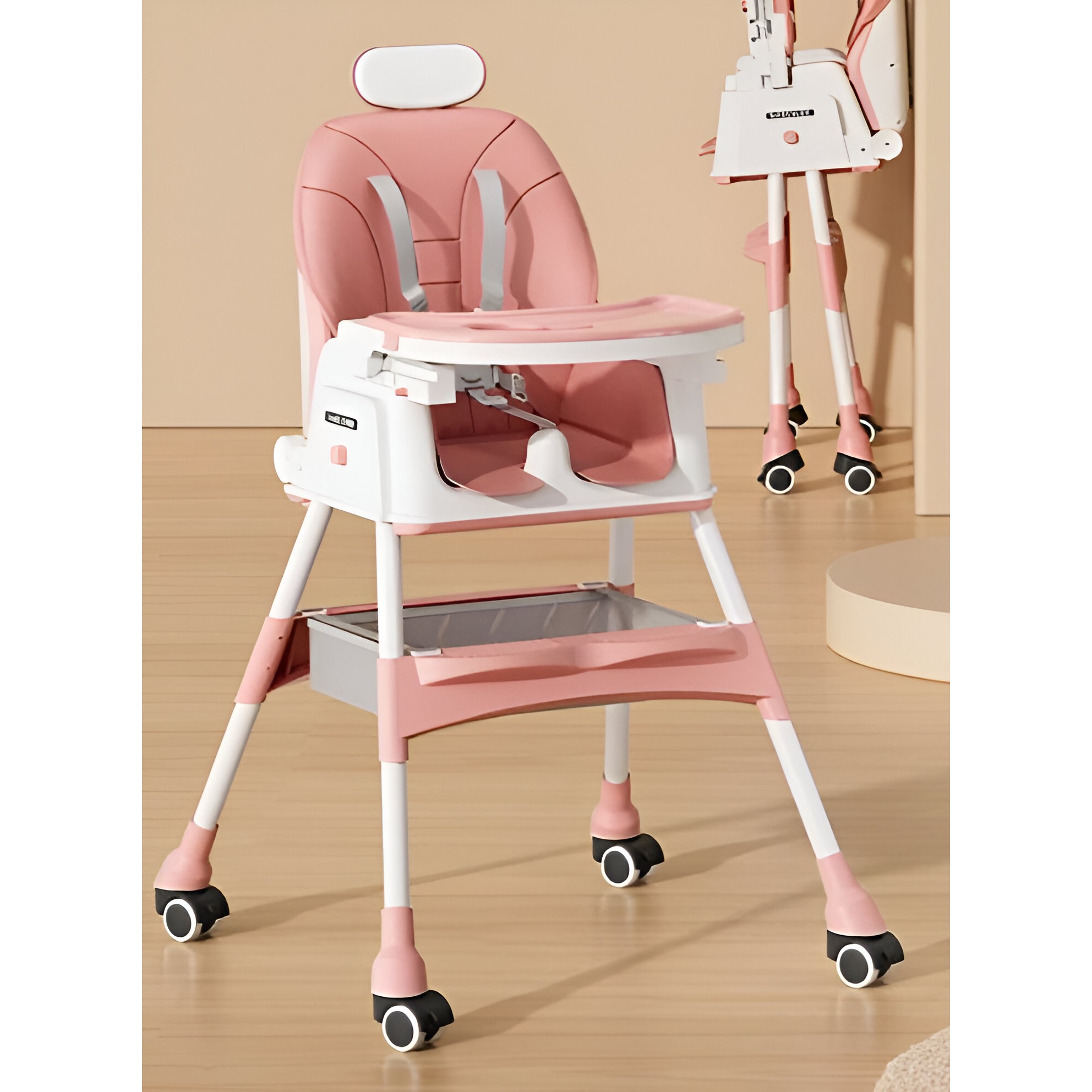 Scaun de Masa pentru Bebelusi si Copii cu Roti, cu Tetiera, Telescopic, Pliabil, Masuta Reglabila, Suport Picioare, Scaun cu Invelis Piele Artificiala, Centura Siguranta, Spatiu Depozitare, 97 x 73 x 65 cm, Roz [4]