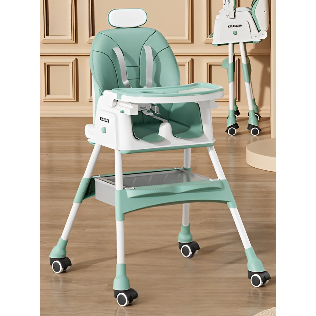 Scaun de Masa pentru Bebelusi si Copii cu Roti, cu Tetiera, Telescopic, Pliabil, Masuta Reglabila, Suport Picioare, Scaun cu Invelis Piele Artificiala, Centura Siguranta, Spatiu Depozitare, 97 x 73 x 65 cm, Albastru [2]