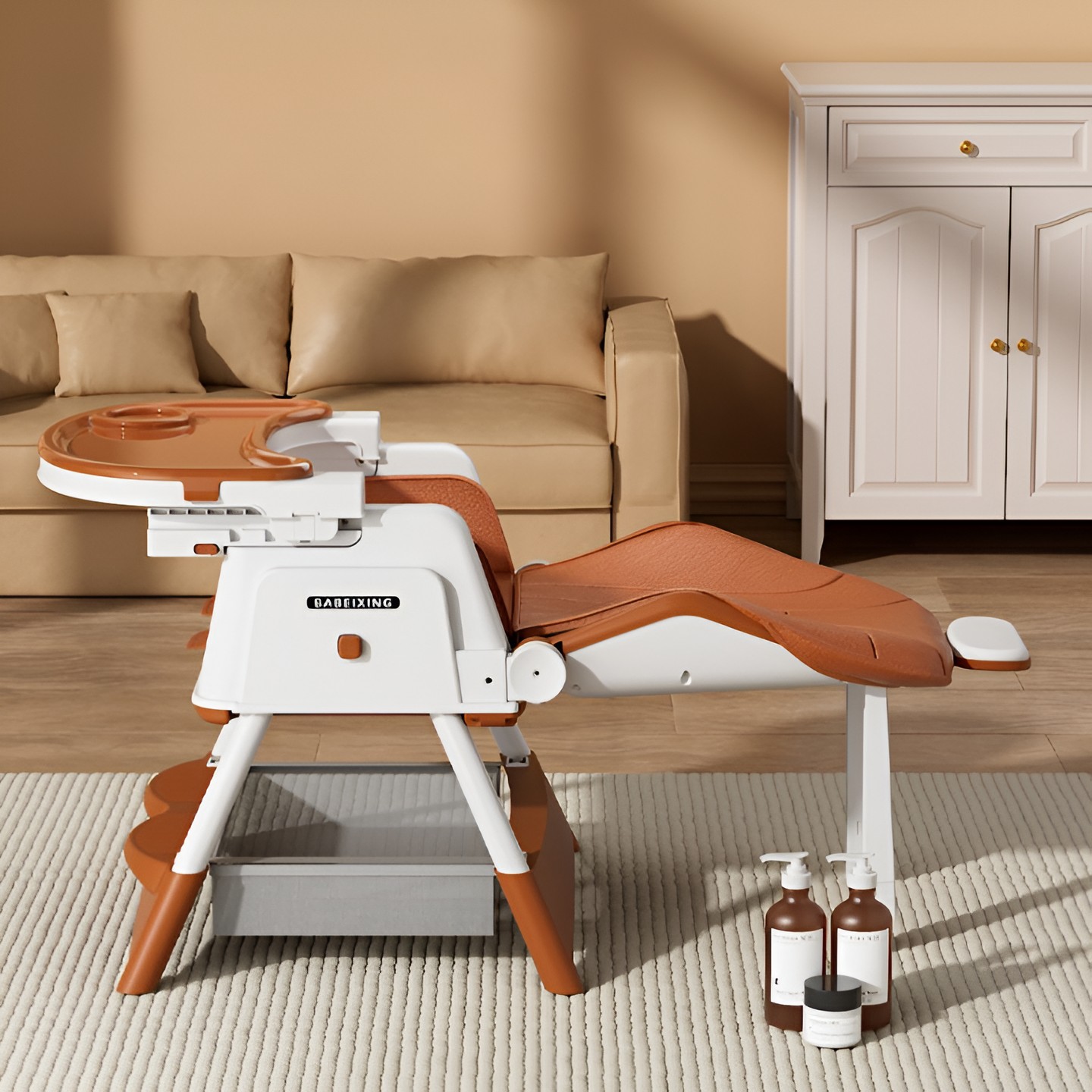 Scaun de Masa pentru Bebelusi si Copii cu Roti, cu Tetiera, Telescopic, Pliabil, Masuta Reglabila, Suport Picioare, Scaun cu Invelis Piele Artificiala, Centura Siguranta, Spatiu Depozitare, 97 x 73 x 65 cm, Maro [2]