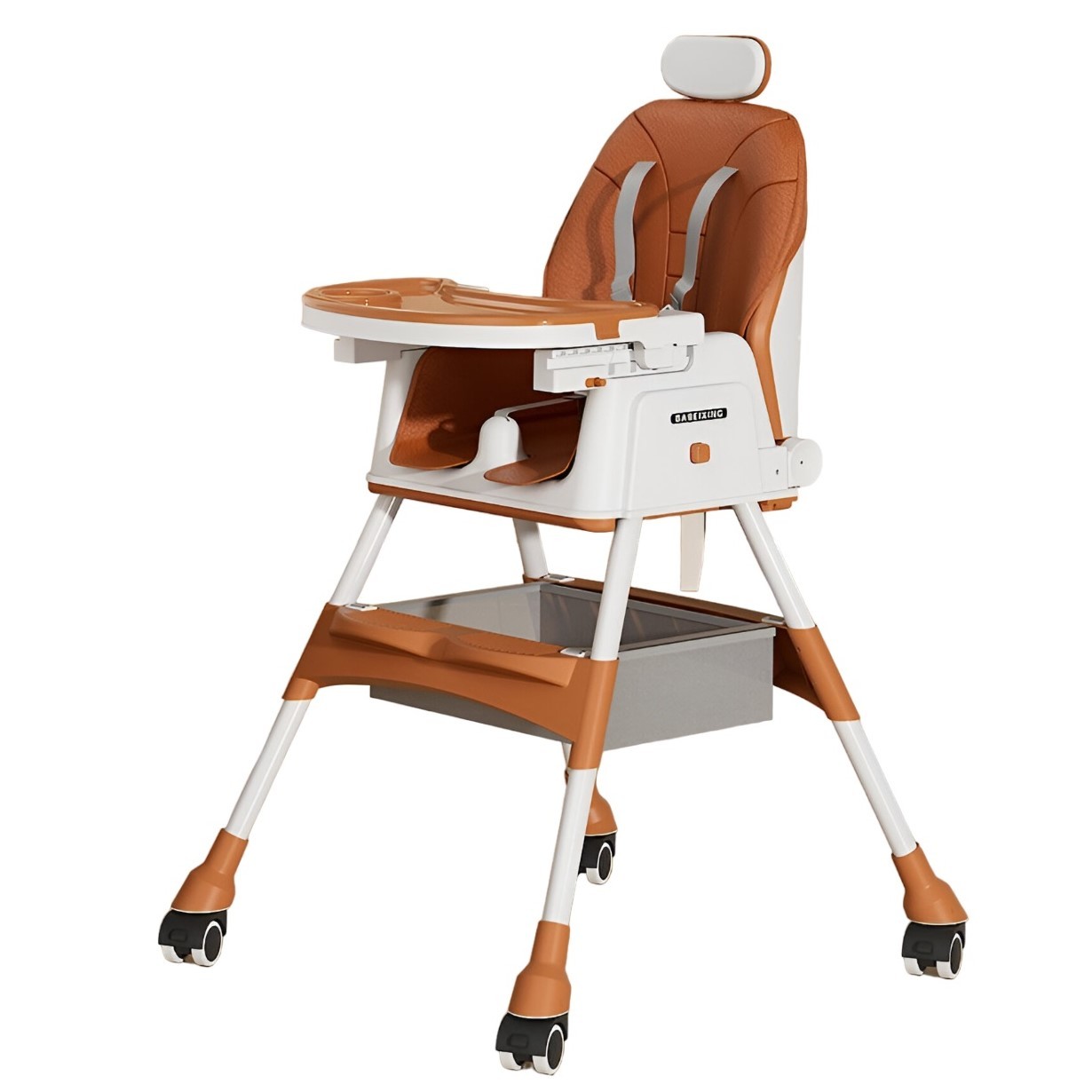 Scaune de masa bebe - Scaun de Masa pentru Bebelusi si Copii cu Roti, cu Tetiera, Telescopic, Pliabil, Masuta Reglabila, Suport Picioare, Scaun cu Invelis Piele Artificiala, Centura Siguranta, Spatiu Depozitare, 97 x 73 x 65 cm, Maro