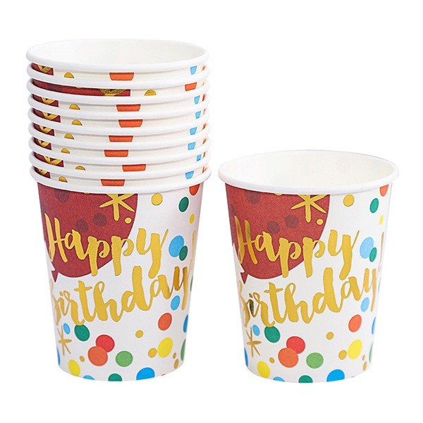 Articole Servire Masa - Set 10 Pahare, Imprimeu Happy Birthday Baloane, din Carton, 250 ml, 7.5 x 8.5 x 5.2 cm, Multicolor