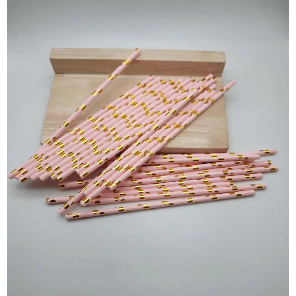 Set 10 Paie, din Hartie, 19.5 cm, Model cu Buline Aurii, Roz [1]