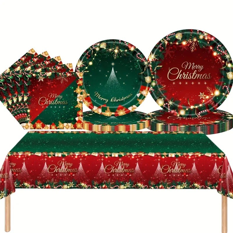 Set 119 Piese, pentru Masa de Craciun, Farfurii 18 cm, Farfurii 23 cm, Pahare, Servetele, Tacamuri, Fata de Masa, Ghirlanda, Paie, Rosu/Verde [5]