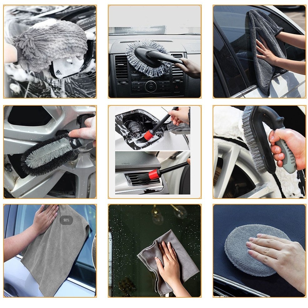 Set 10 Piese pentru Spalat Auto, din Plastic si Microfibra, Perii si Lavete, Model C, Gri [2]
