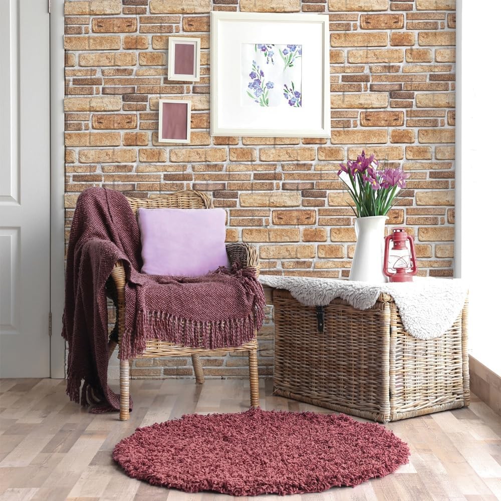 Set 10 Placi Tapet 3D, 30 x 30 cm, din PVC, Tip Piatra, Suprafata acoperita 0.9 mp, Autoadeziv, Bej [3]