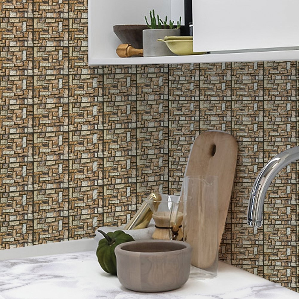 Set 10 Placi Tapet 3D, 30 x 30 cm, din PVC, Tip Piatra, Suprafata acoperita 0.9 mp, Autoadeziv, Maro [2]