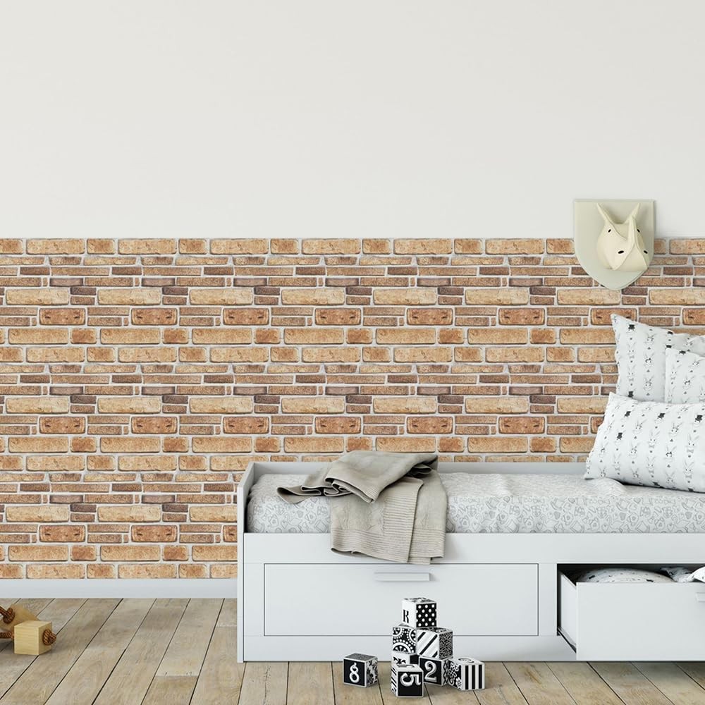 Set 10 Placi Tapet 3D, 30 x 30 cm, din PVC, Tip Piatra, Suprafata acoperita 0.9 mp, Autoadeziv, Bej [1]