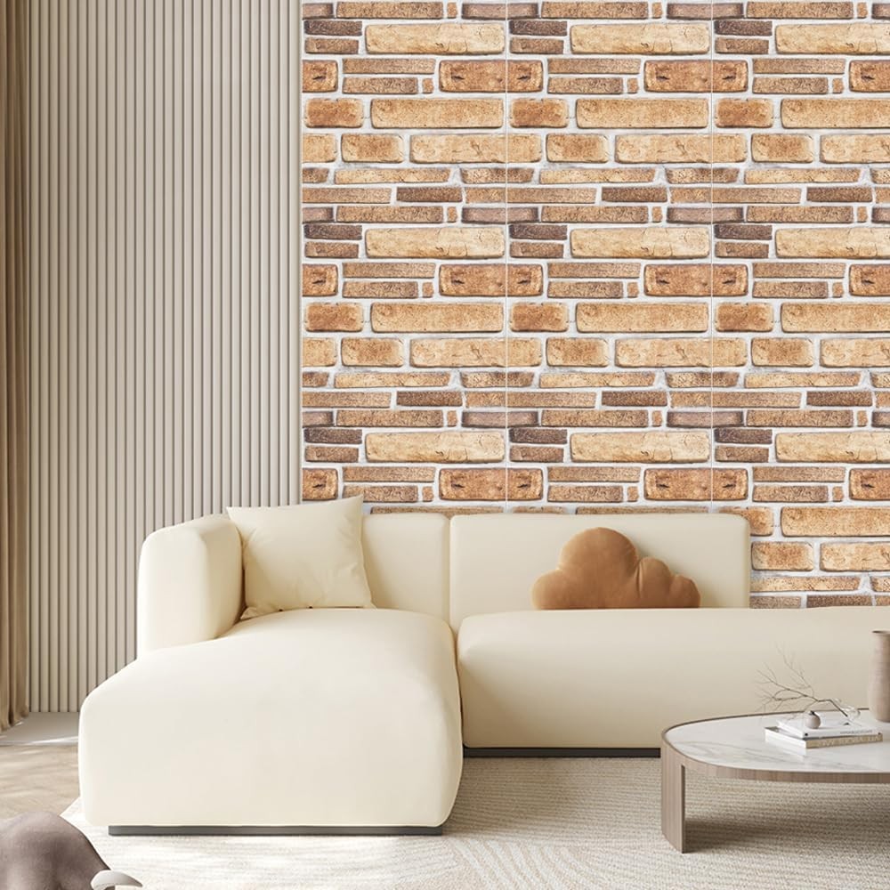 Set 10 Placi Tapet 3D, 30 x 30 cm, din PVC, Tip Piatra, Suprafata acoperita 0.9 mp, Autoadeziv, Bej [2]