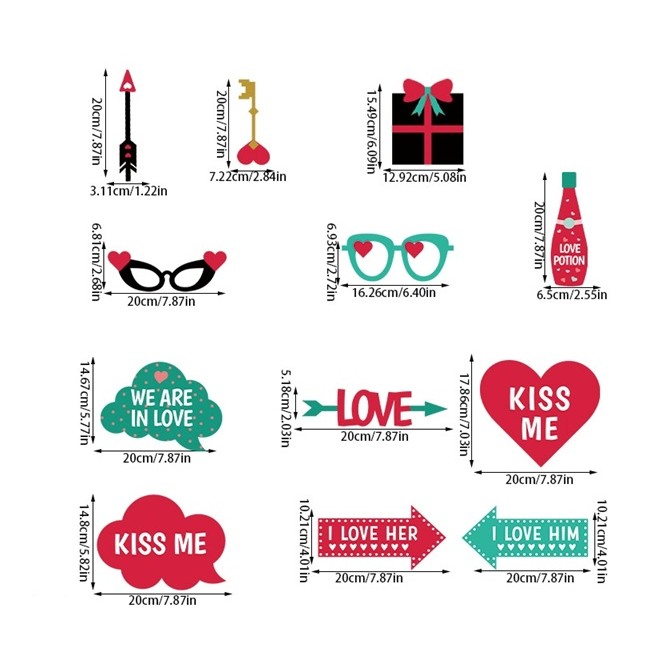 Set 12 Accesorii pentru Petrecere, Props pentru Photo Corner, Tematica Iubire, Multicolor [1]