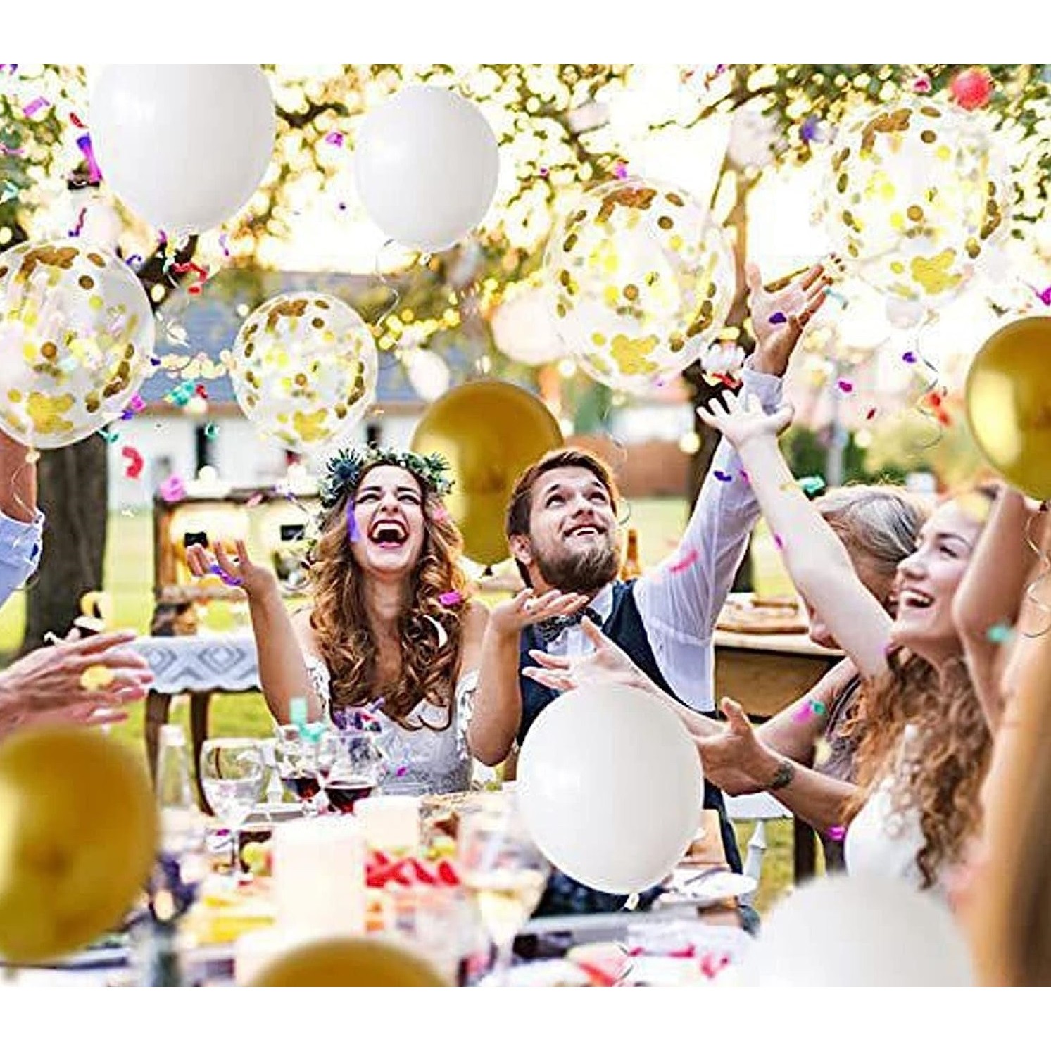 Set 12 Baloane din Folie Metalizata si din Latex, Model Mr Mrs, Tema Nunta, Baloane Party cu Confetti, 45 cm, 30 cm, Pai inclus, Umflare cu Aer sau Heliu, Alb/Auriu [1]