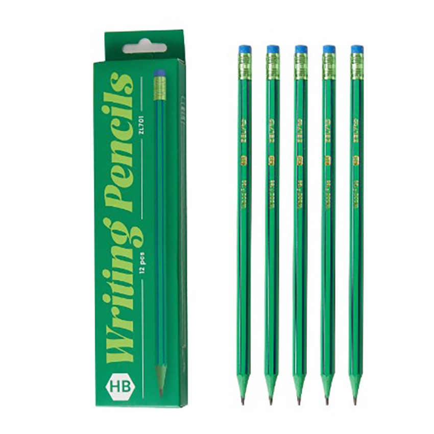 Accesorii Birou si Consumabile - Set 12 Creioane Negre, HB, pentru Scoala, cu Radiera, Model Verde-Albastru, 19 cm