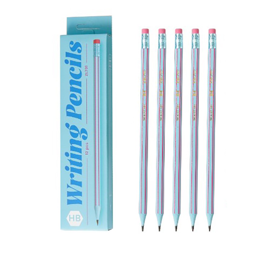 Accesorii Birou si Consumabile - Set 12 Creioane Negre, HB, pentru Scoala, cu Radiera, Model Albastru Deschis-Roz, 19 cm