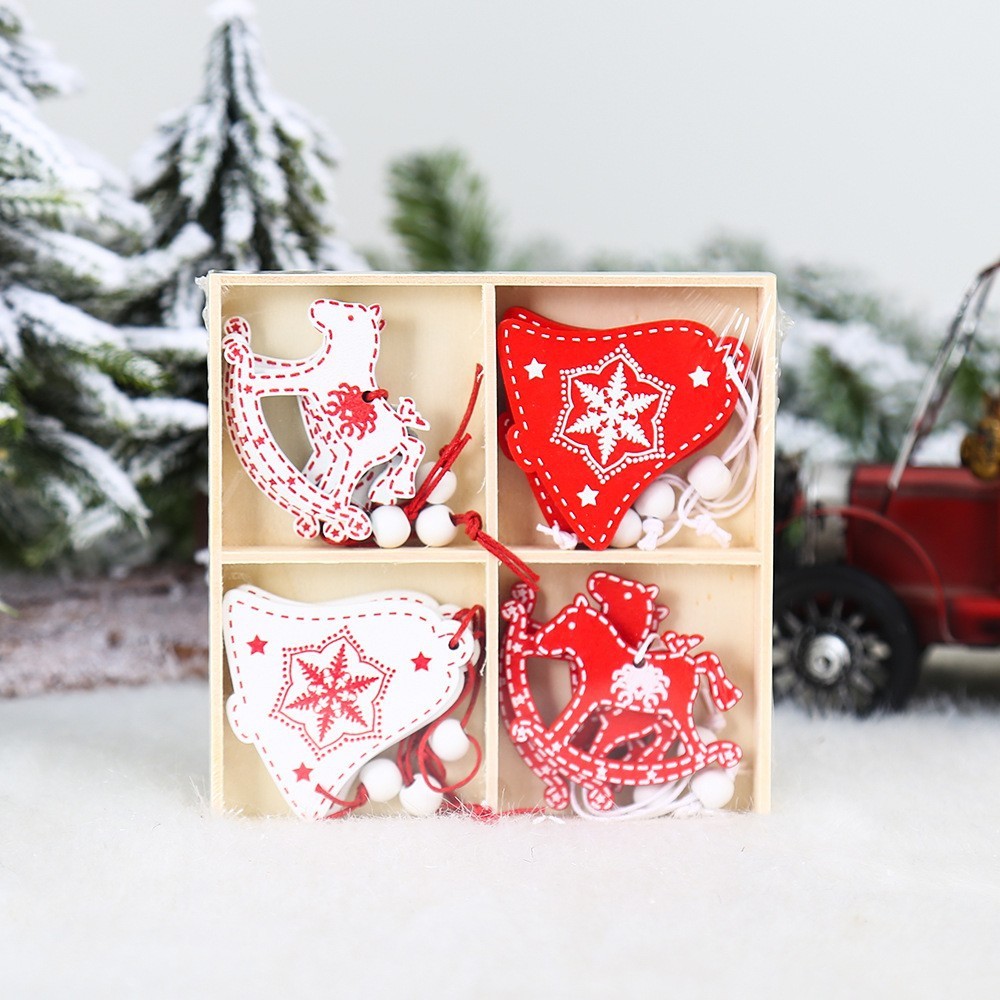 Set 12 Decoratiuni de Craciun din Lemn, cu Snur pentru Agatare in Brad, Model Caluti si Clopotei, Alb-Rosu [3]