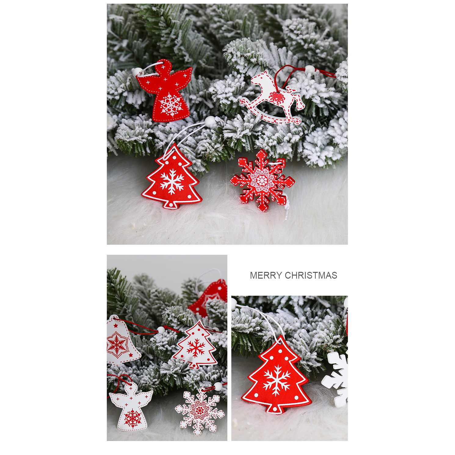 Set 12 Decoratiuni de Craciun din Lemn, cu Snur pentru Agatare in Brad, Model Caluti si Clopotei, Alb-Rosu [1]