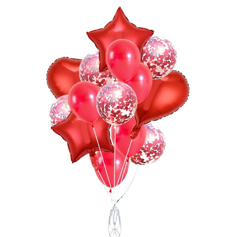 Baloane Folie - Set 14 Baloane din Folie Metalizat? si din Latex, Figurine Stea si Inima 45 cm, Baloane Latex 30 cm, Tema Buchet, Ambalaj Individual, Pai Inclus, Umflare cu Aer sau Heliu, Rosu