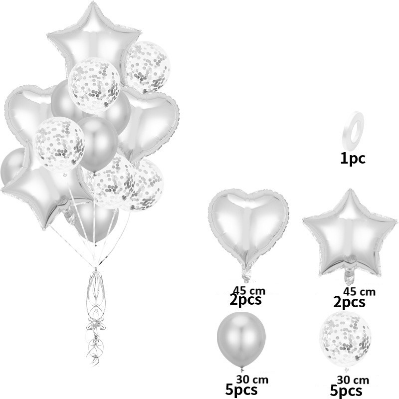 Set 14 Baloane din Folie Metalizat? si din Latex, Figurine Stea si Inima 45 cm, Baloane Latex 30 cm, Tema Buchet, Ambalaj Individual, Pai Inclus, Umflare cu Aer sau Heliu, Argintiu [1]
