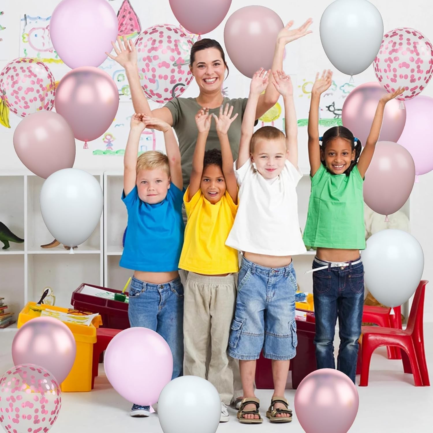 Set 16 Baloane din Latex Metalizate, Model Party, 30 cm, Alb, Roz, Roz Chrome, Transparent Confetti 2.8 g [2]