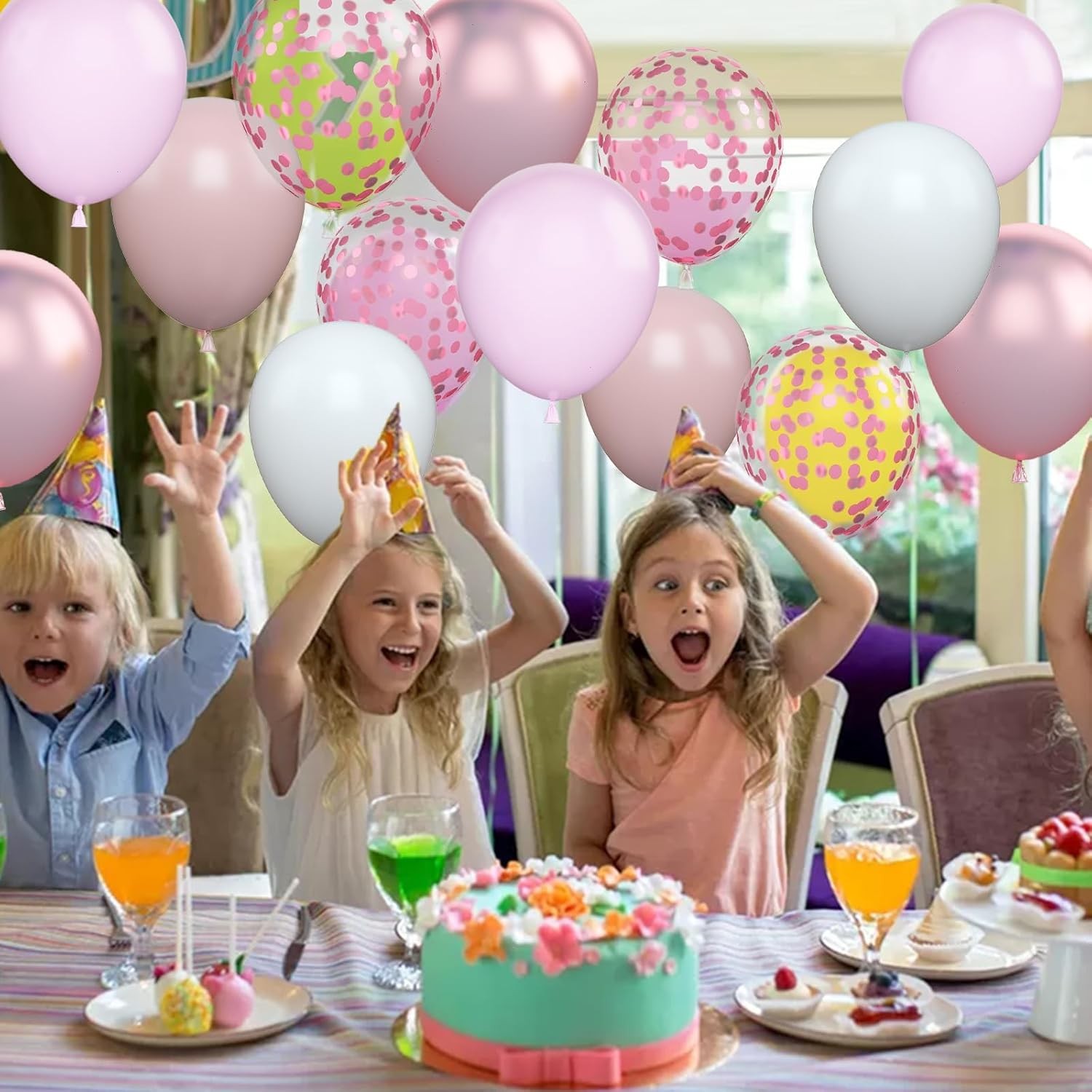 Set 16 Baloane din Latex Metalizate, Model Party, 30 cm, Alb, Roz, Roz Chrome, Transparent Confetti 2.8 g [1]