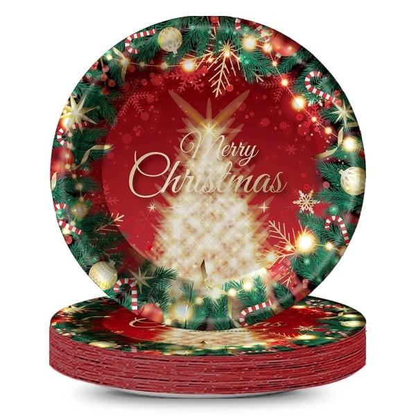 Set 16 Farfurii de Unica Folosinta, Model Brad de Craciun Merry Christmas, Tematica Craciun, 23 cm, Rosu/Verde [2]
