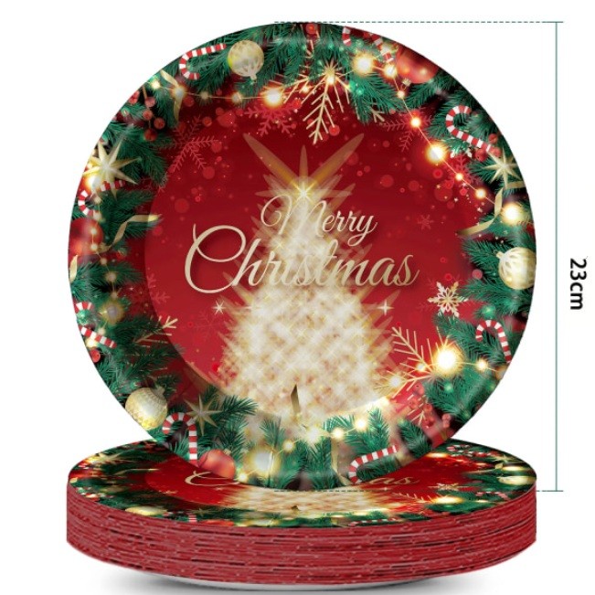 Set 16 Farfurii de Unica Folosinta, Model Brad de Craciun Merry Christmas, Tematica Craciun, 23 cm, Rosu/Verde [3]