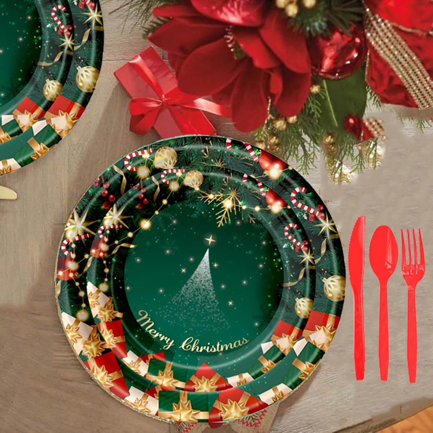 Set 16 Farfurii de Unica Folosinta, Model Brad de Craciun Merry Christmas, Tematica Craciun, 18 cm, Verde [5]