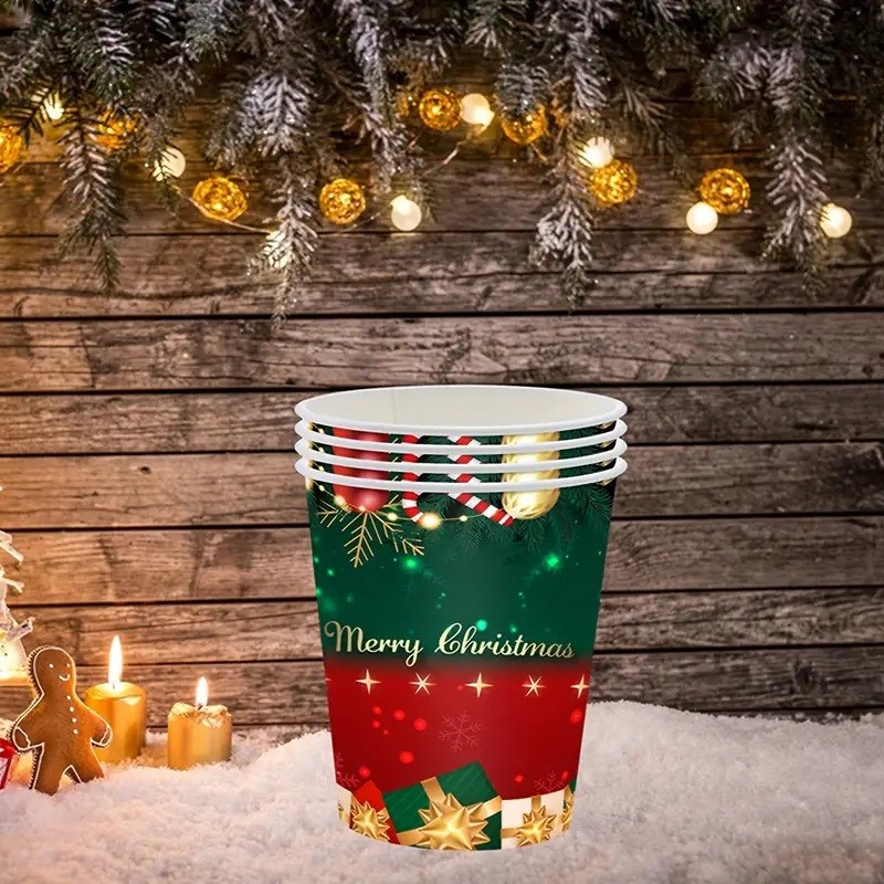 Set 16 Pahare de Unica Folosinta, Model Merry Christmas, Tematica de Craciun, 9.14 cm, Rosu Verde [3]