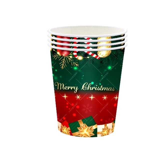 Set 16 Pahare de Unica Folosinta, Model Merry Christmas, Tematica de Craciun, 9.14 cm, Rosu Verde [5]