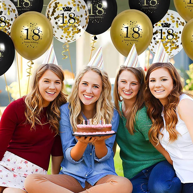 Set 18 Baloane Majorat, din Latex, Metalizate, Mesaj 18 Happy Birthday, 30 cm, cu Confetti, Auriu/Negru [1]