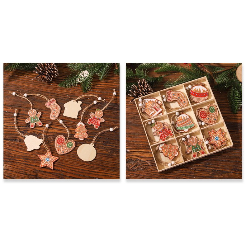 Set 18 Decoratiuni de Craciun din Lemn, cu Snur pentru Agatare in Brad, Modele Diverse , Diferite Dimensiuni, Multicolor [3]