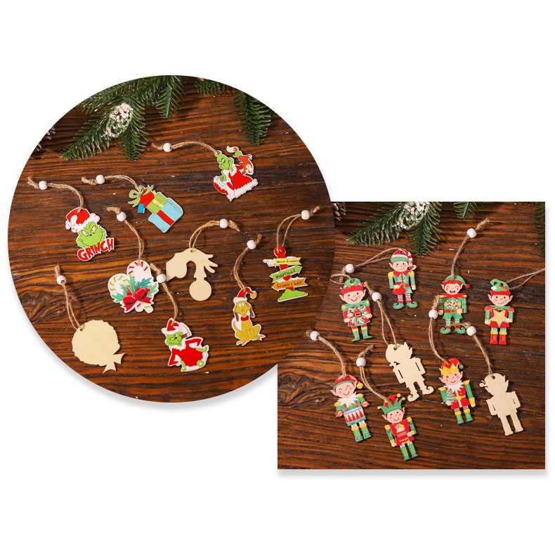 Set 18 Decoratiuni de Craciun din Lemn, cu Snur pentru Agatare in Brad, Model Grinch, Diferite Dimensiuni, Multicolor [3]