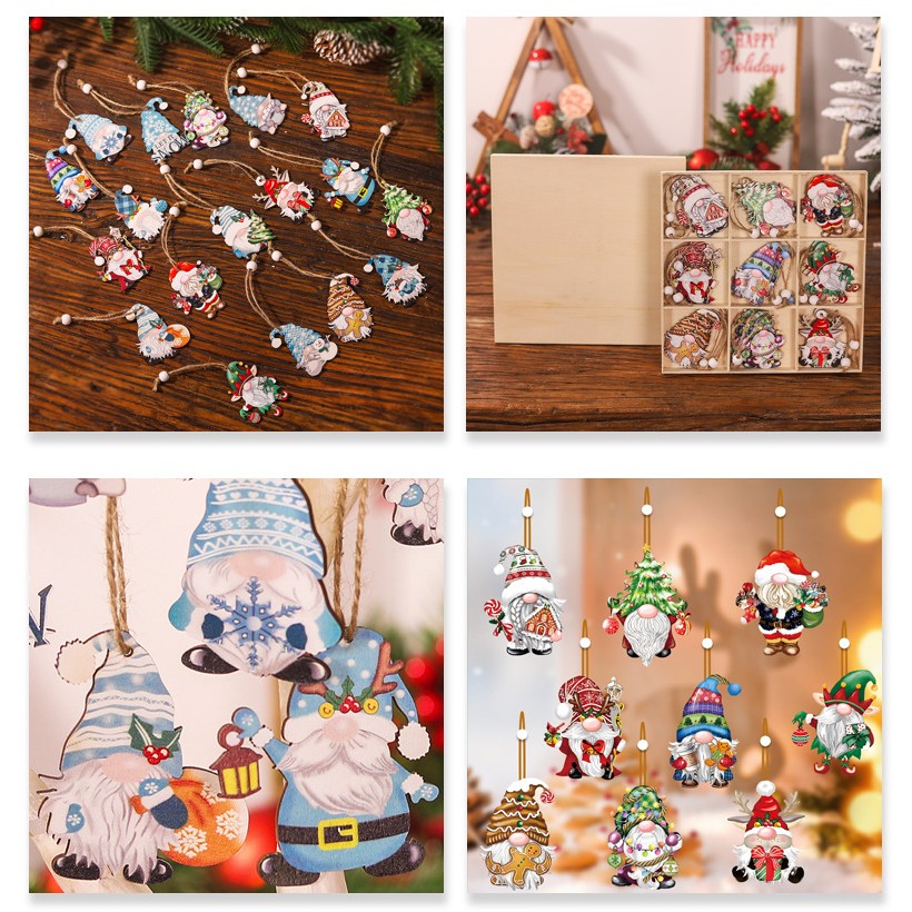 Set 18 Decoratiuni de Craciun din Lemn, cu Snur pentru Agatare in Brad, Model Gnomi, Diferite Dimensiuni, Albastru [3]