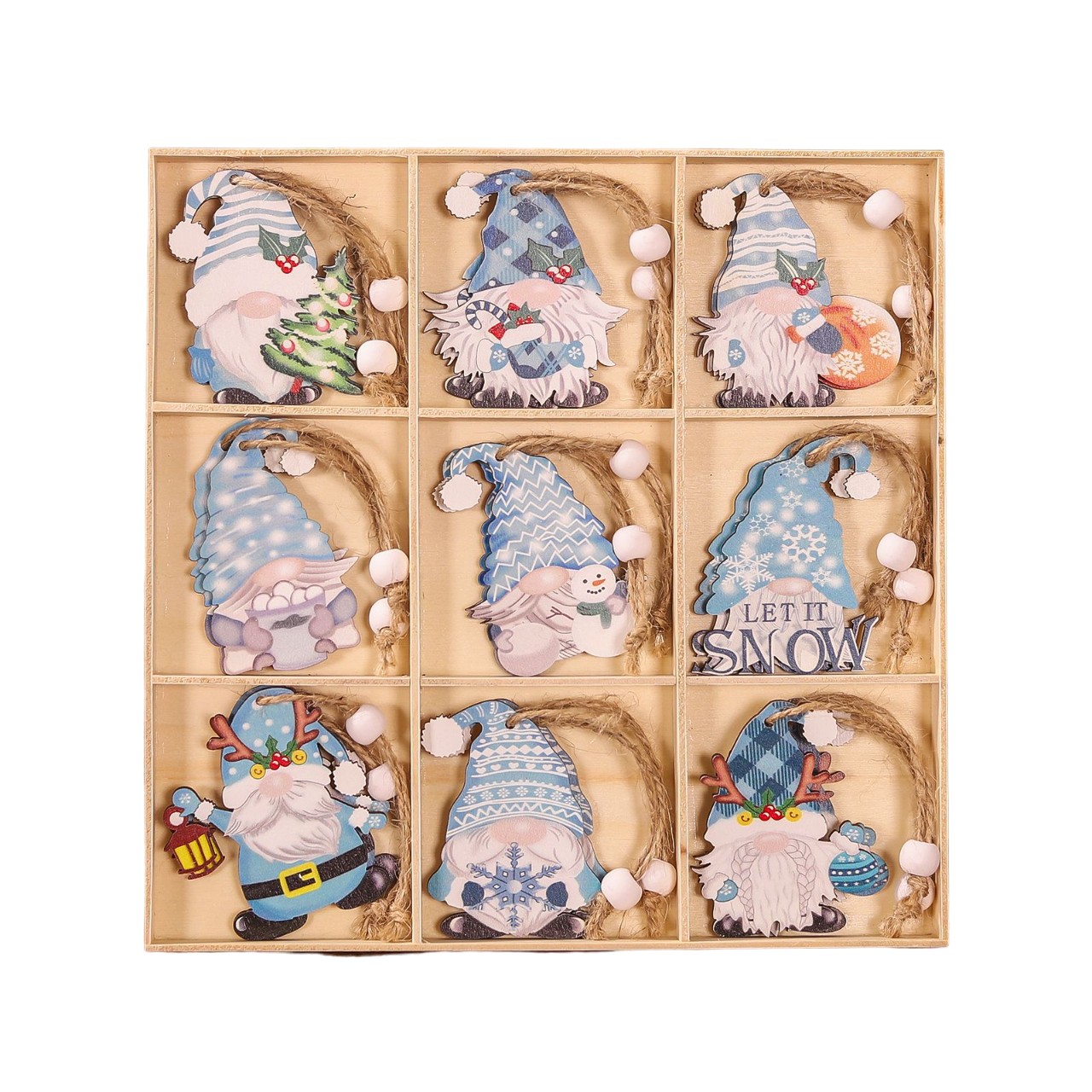 Decoratiuni Brad - Set 18 Decoratiuni de Craciun din Lemn, cu Snur pentru Agatare in Brad, Model Gnomi, Diferite Dimensiuni, Albastru