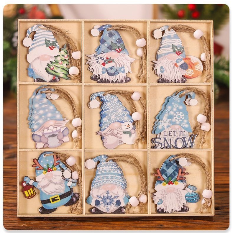 Set 18 Decoratiuni de Craciun din Lemn, cu Snur pentru Agatare in Brad, Model Gnomi, Diferite Dimensiuni, Albastru [1]