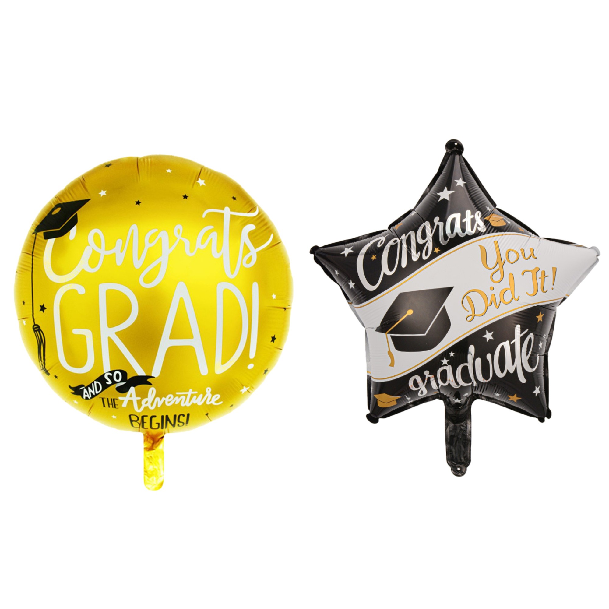 Baloane si Accesorii Absolvire - Set 2 Baloane din Folie Metalizata, Figurine Stea 45 cm si Minge 63x53 xm, Model Absolvire, Ambalaj Individual, Pai Inclus, Umflare cu Aer sau Heliu, Multicolor