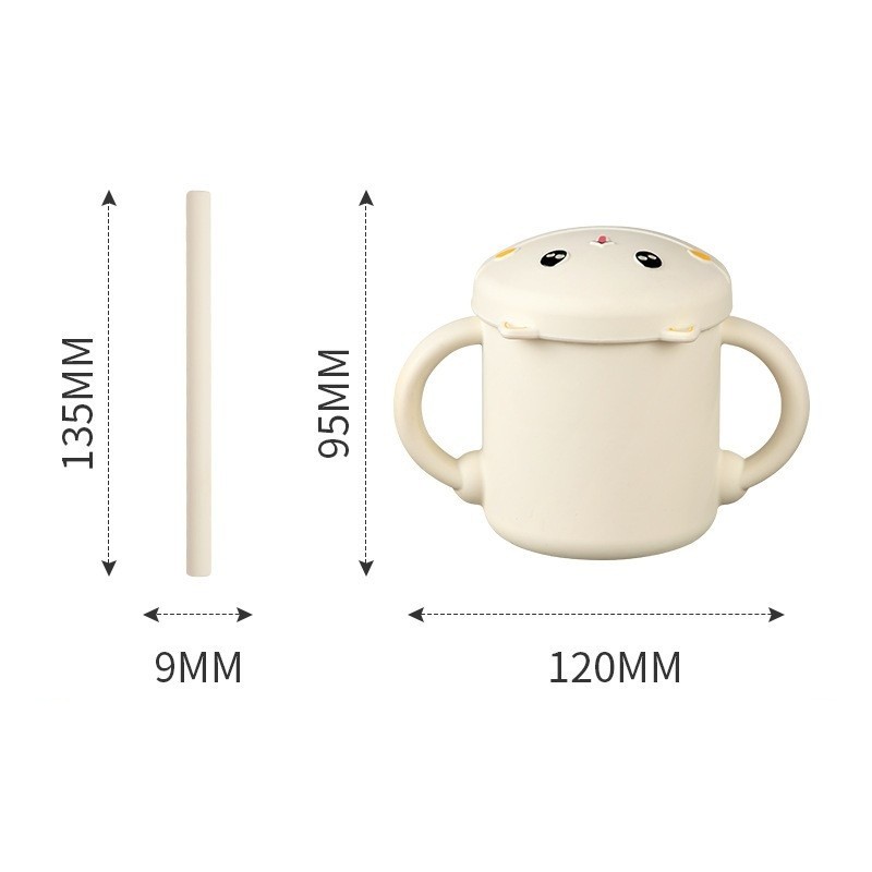 Set 2 Piese Hranire Bebelusi si Copii, Cana cu Capac si Pai, din Silicon, fara BPA, de la 12 Luni, Model Pisicuta, 12 x 9.5 x 11 cm, Bej [3]